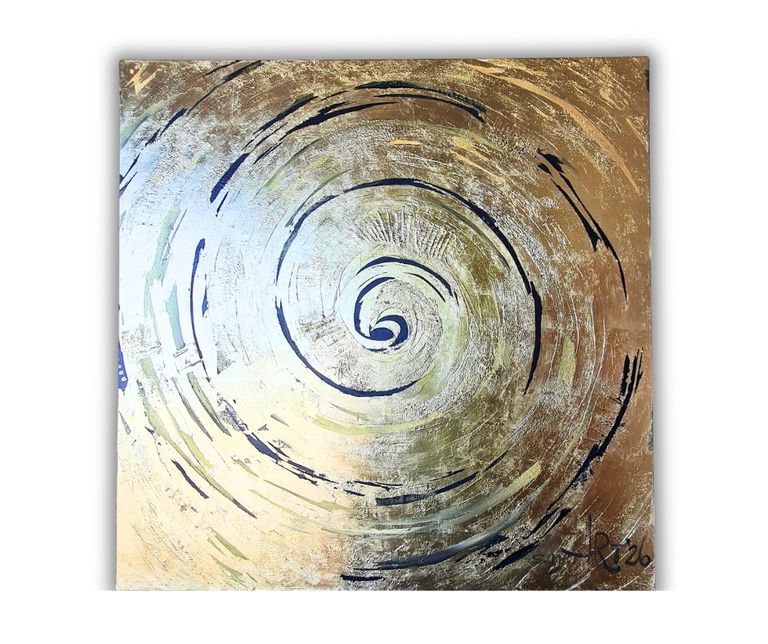 Abstraktes Kunstwerk mit spiralförmigen Pinselstrichen in Gold-, Silber- und Schwarztönen auf einer quadratischen Leinwand.